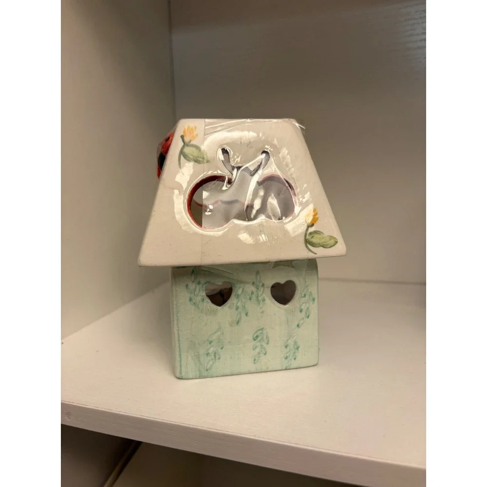 Ceramic Cottage Tea Light Holder Sunflower Ladybug Heart Cutout Candle House